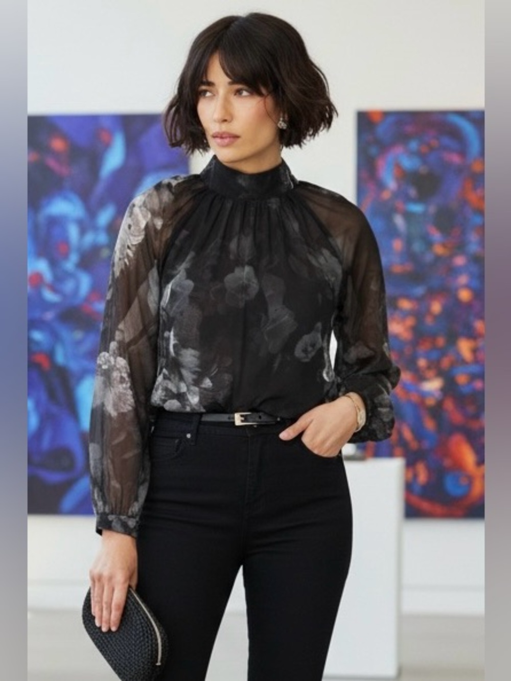 White House Black Market Black Floral Sheer Mockneck Blouse | SIZE M